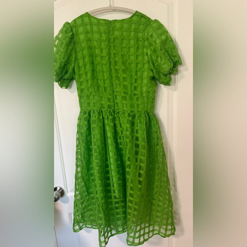 Green Organza Grid Dress Puff Sleeve V-Neck Size M - Picture 4 of 7